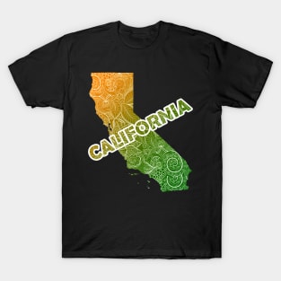 Colorful mandala art map of California with text in green and orange T-Shirt